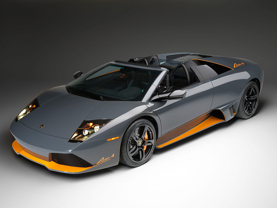 Automobili Lamborghini has released the first photographs of a limited edition Lamborghini Murciélago LP650-4 Roadster. The Roadster version of the Murciélago will offer an uprated 6.5 litre V12 engine that produces 650 hp (478 kW) along with permanent four-wheel drive: hence the model's LP 650-4 moniker. With 660 Nm of torque, top performance is at 0-100km/h (0-62mph) in 3.4 seconds. The top speed is around 330 Km/h (205mph). The special edition model will be produced in a limited volume (50 units only), with a Grigio Telesto exterior that combines grey bodywork with a special bright orange Arancio LP 650-4 featured on the front spoiler and sills. The LP 650-4 logo applied to the car's exterior is recognition of the car's increased power. The car features orange brake calipers and a transparent V12-engine cover, which shows off the V12 engine behind the driver. Interior features echo the car's striking grey-and-orange exterior: besides the orange touches, there is an asymmetric dash design, with black Alcantara Nera on the driver's side, including door panel and central tunnel, and black leather Nero Perseus on the passenger's side. The increased power of the Murciélago engine, from 640 to 650 hp, will be unique to the Lamborghini Murciélago LP650-4 Roadster: it demonstrates even further the developments that Lamborghini is able to offer from a current engine, and creates the exclusive characteristic of the Lamborghini Murciélago LP650-4 Roadster Front Angle